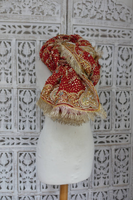 Red Vintage Wedding Dupatta With Heavy Gold Fringe