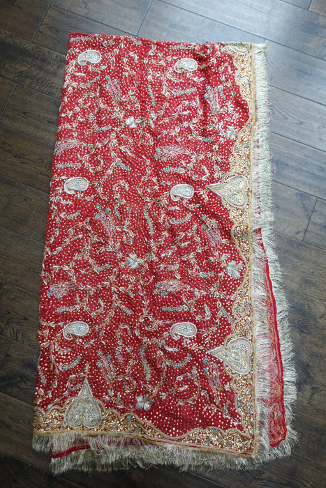 Red Vintage Wedding Dupatta With Heavy Gold Fringe