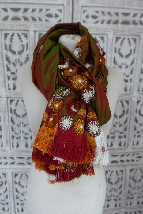 2 Tone Silk Embroidered Silk Fringe Vintage Dupatta - New