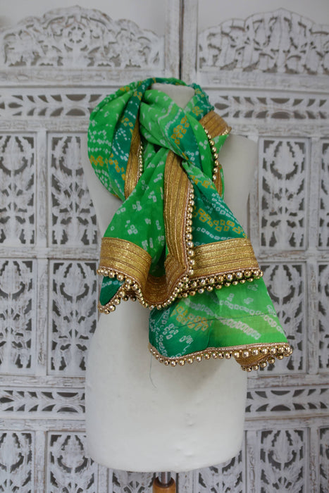 Green Bandhani Dupatta With Gold Beads - New