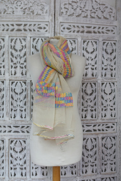 Cream Vintage Dupatta With Pastel Embroidery - Preloved