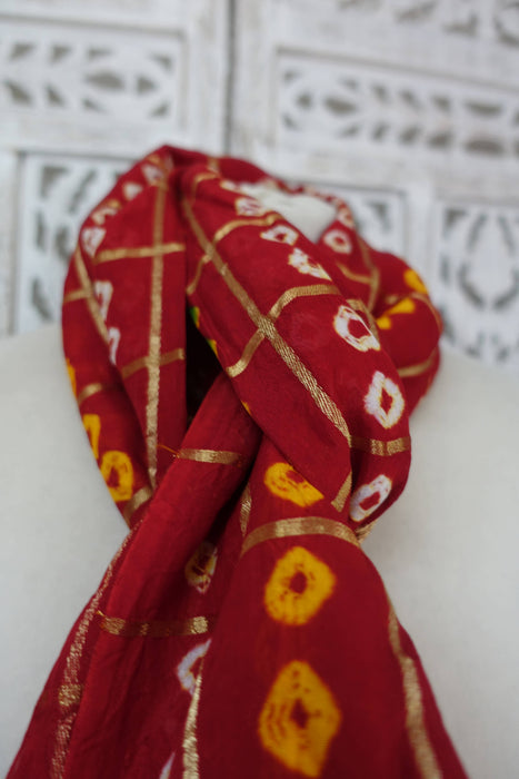 Dark Red Bandhani Print Vintage Dupatta - Preloved