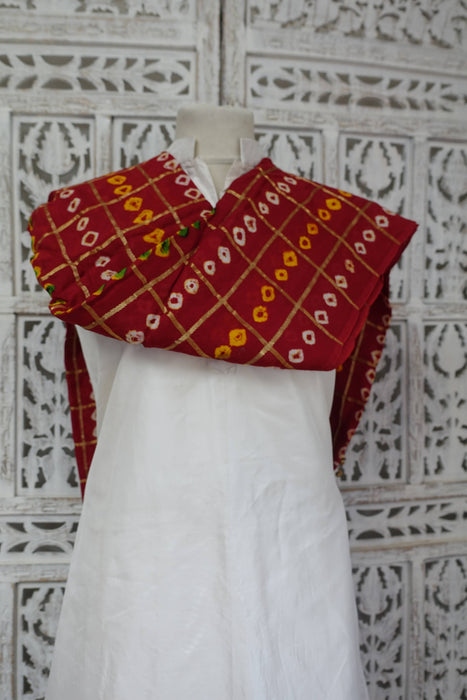 Dark Red Bandhani Print Vintage Dupatta - Preloved
