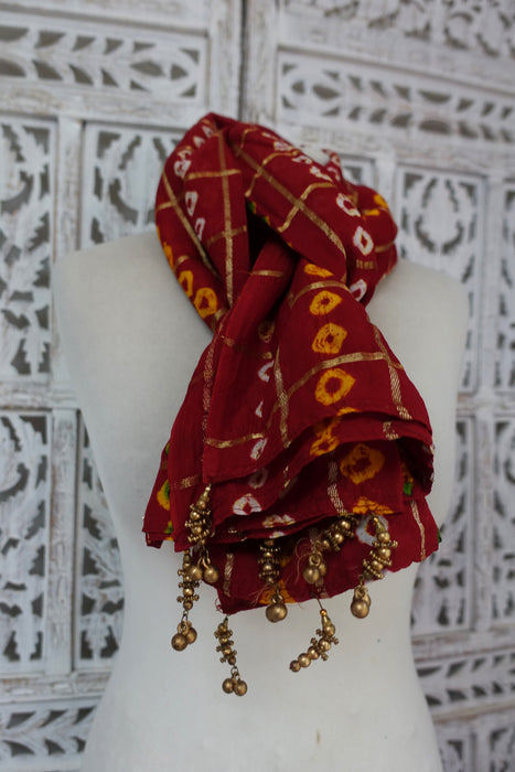 Dark Red Bandhani Print Vintage Dupatta - Preloved