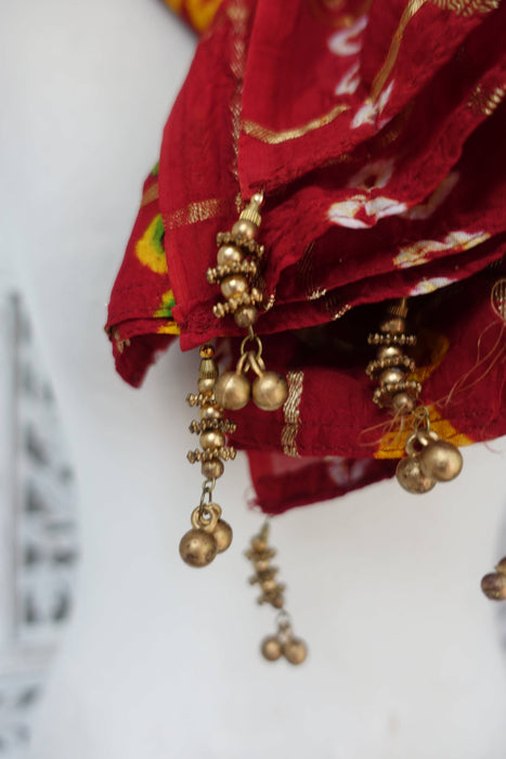 Dark Red Bandhani Print Vintage Dupatta - Preloved