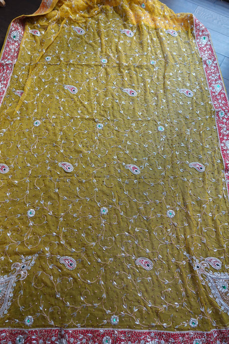 Yellow Vintage Silk Chiffon Wedding Dupatta - New