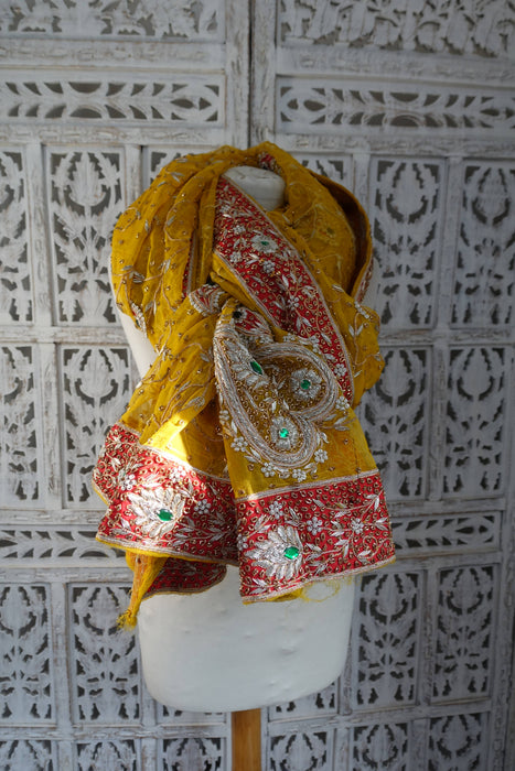 Yellow Vintage Silk Chiffon Wedding Dupatta - New