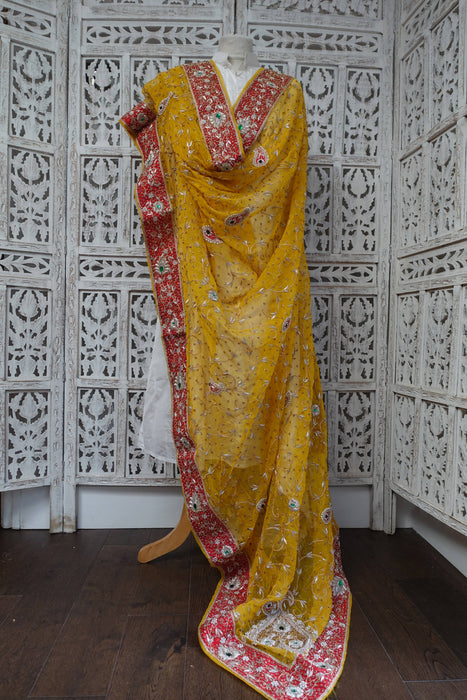 Yellow Vintage Silk Chiffon Wedding Dupatta - New