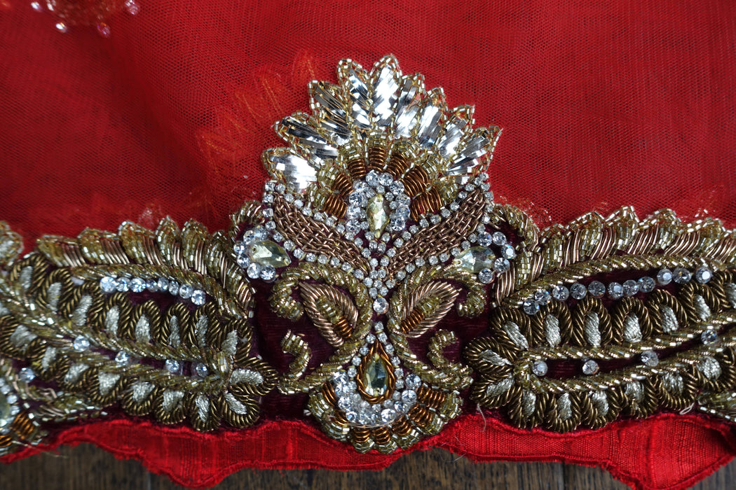 Red Wedding Dupatta With Velvet Trim - New