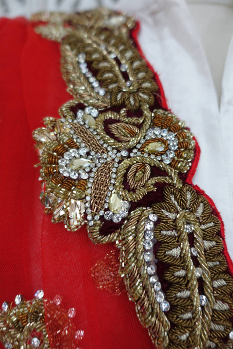 Red Wedding Dupatta With Velvet Trim - New