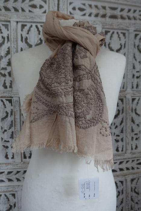 Beige Pure Cotton Hand Embroidered Scarf - New