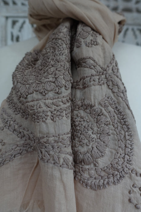 Beige Pure Cotton Hand Embroidered Scarf - New