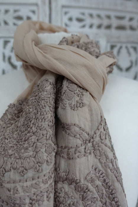 Beige Pure Cotton Hand Embroidered Scarf - New