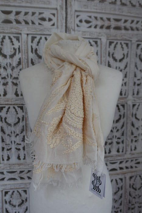 Cream Pure Cotton Hand Embroidered Scarf - New