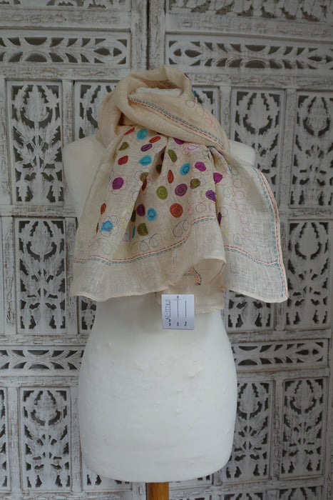 Cream Linen Spotty Applique Scarf - New