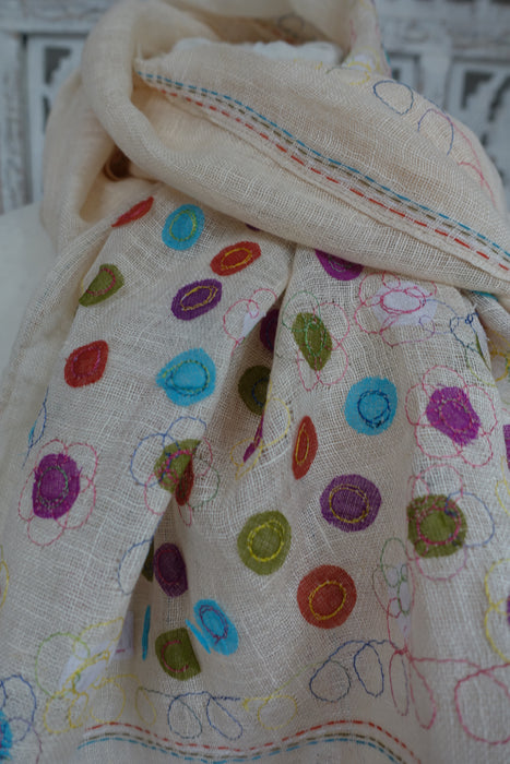 Cream Linen Spotty Applique Scarf - New