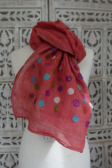 Coral Linen Spotty Applique Scarf - New