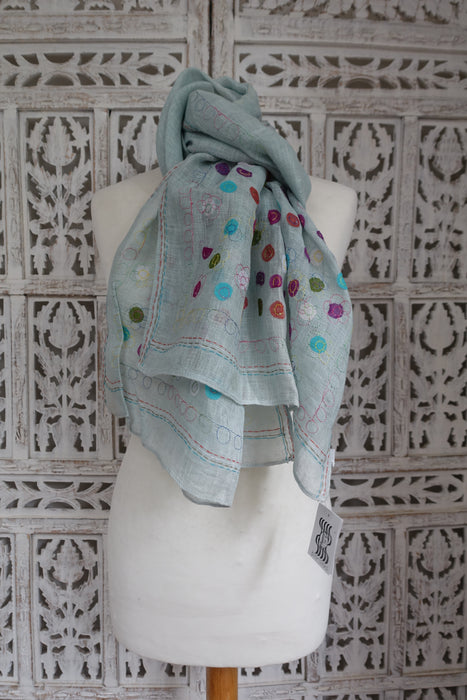 Pale Blue Linen Spotty Applique Scarf - New