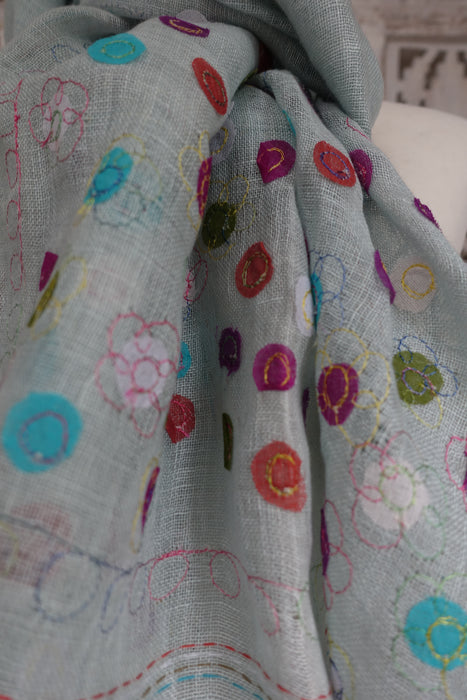 Pale Blue Linen Spotty Applique Scarf - New