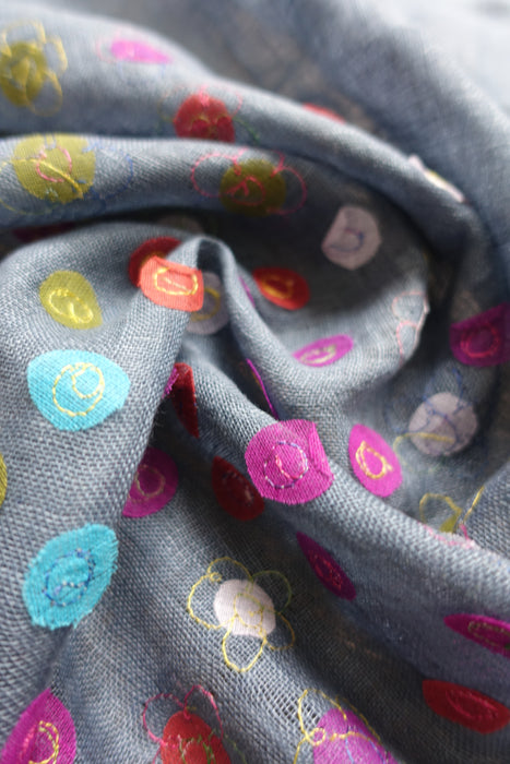 Denim Blue Linen Spotty Applique Scarf - New