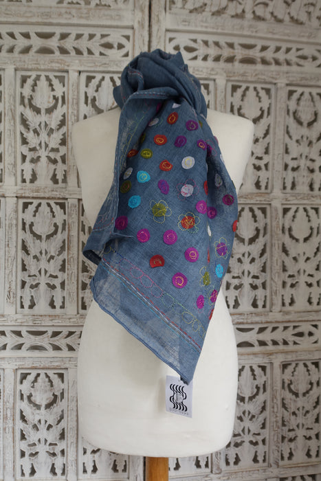 Denim Blue Linen Spotty Applique Scarf - New