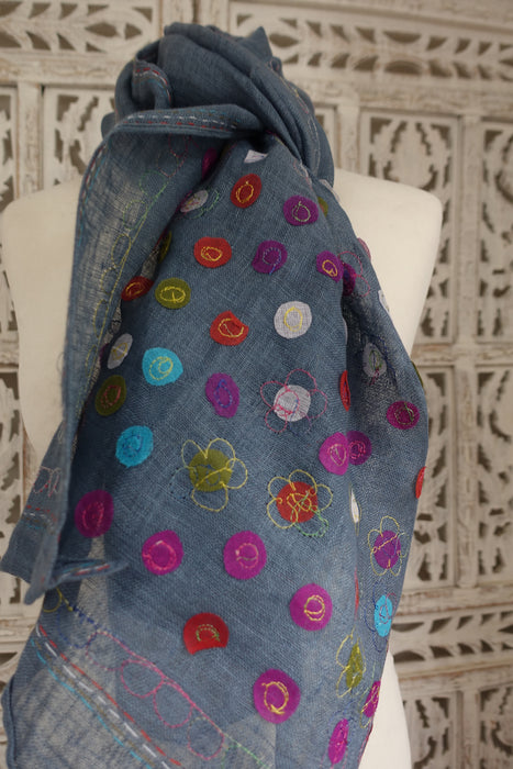 Denim Blue Linen Spotty Applique Scarf - New