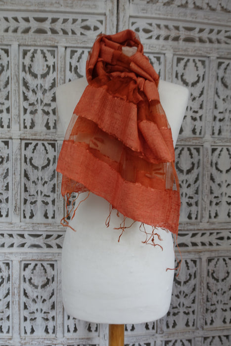 Rusty Orange Pure Silk And Organza Scarf - New