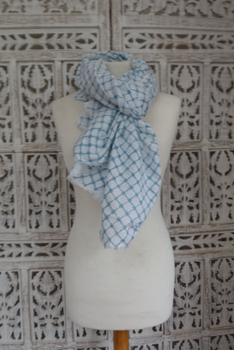 White And Light Blue Pure Cotton Scarf - New