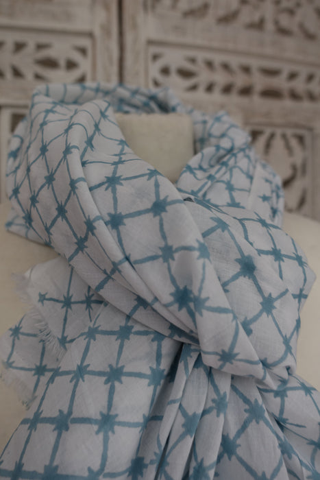 White And Light Blue Pure Cotton Scarf - New