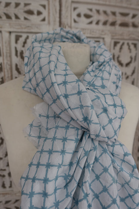 White And Light Blue Pure Cotton Scarf - New