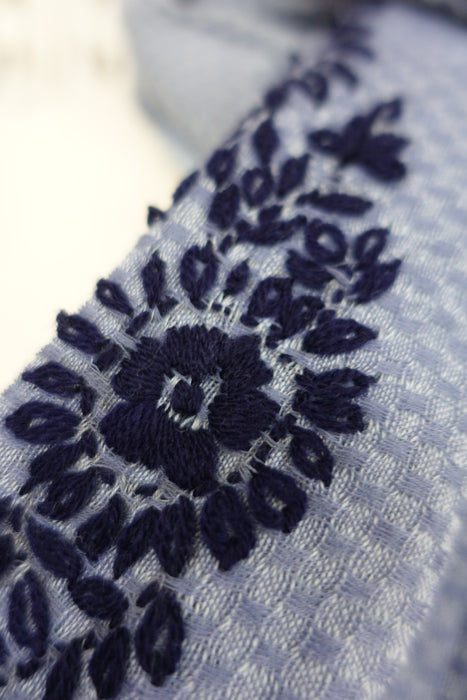 Denim Blue With Dark Blue Embroidery Scarf - New