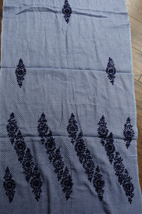 Denim Blue With Dark Blue Embroidery Scarf - New