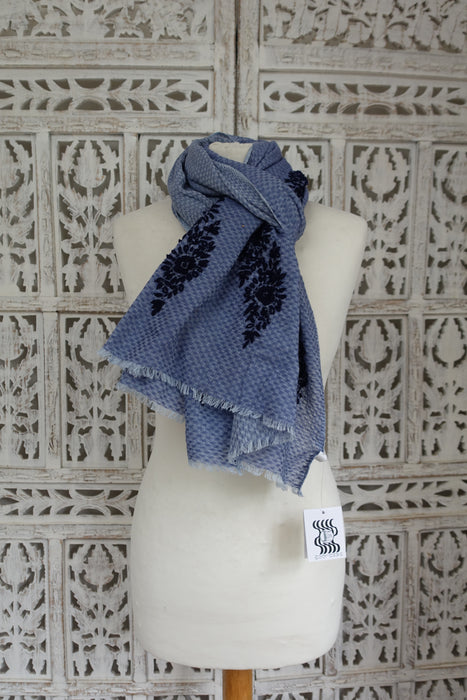 Denim Blue With Dark Blue Embroidery Scarf - New