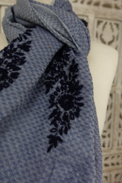 Denim Blue With Dark Blue Embroidery Scarf - New