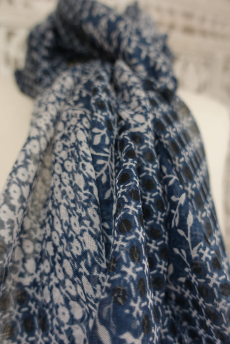 Blue Printed Fine Cotton Scarf - New