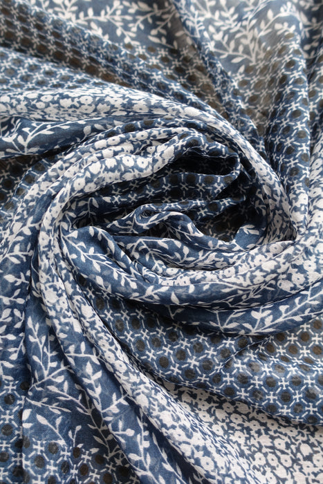 Blue Printed Fine Cotton Scarf - New