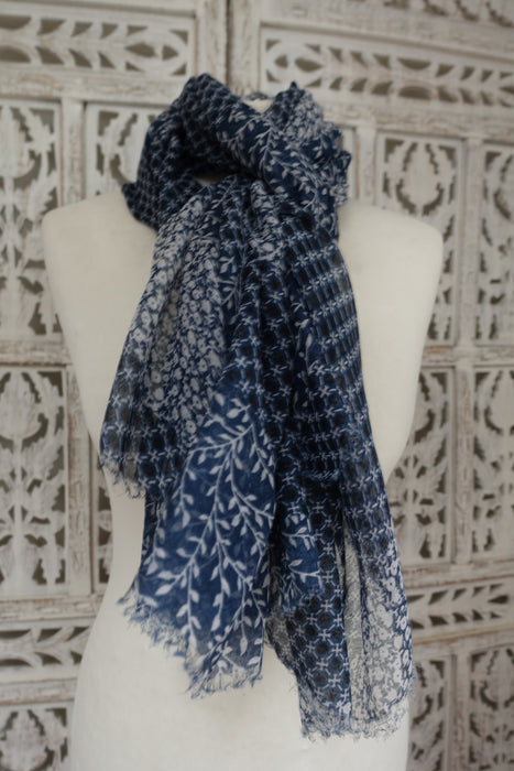 Blue Printed Fine Cotton Scarf - New