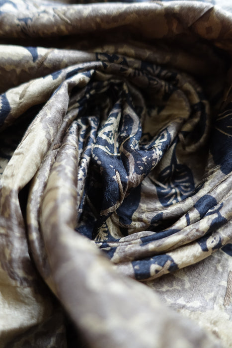 Gold Silk Block Printed Hand Stitched Scarf - New