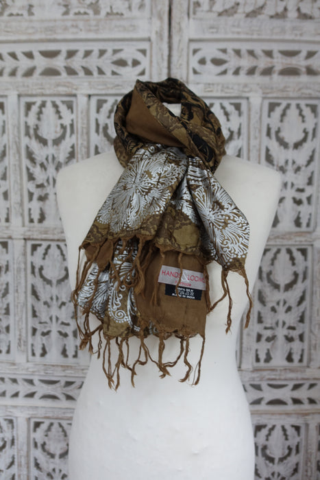 Gold Silk Block Printed Hand Stitched Scarf - New