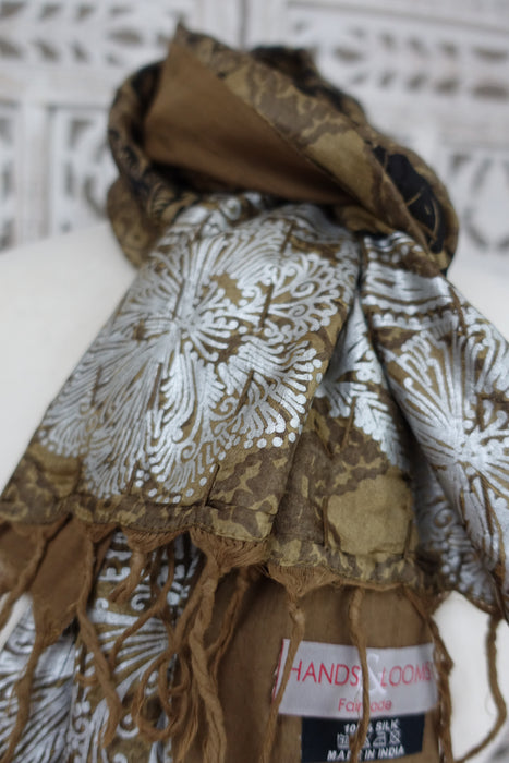 Gold Silk Block Printed Hand Stitched Scarf - New