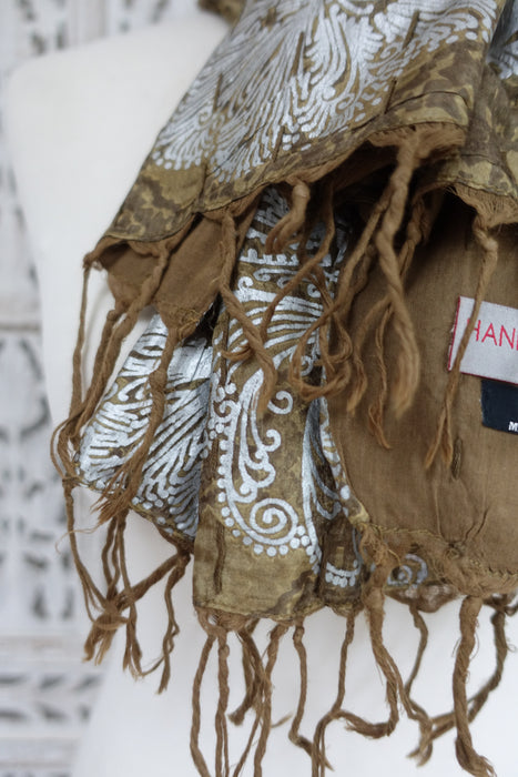 Gold Silk Block Printed Hand Stitched Scarf - New