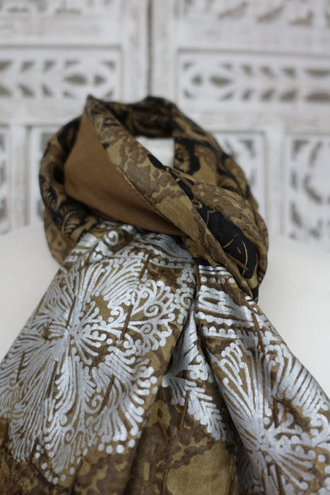 Gold Silk Block Printed Hand Stitched Scarf - New