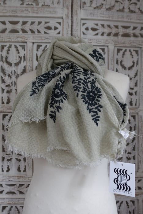 Light Wheat Cotton Embroidered Scarf - New