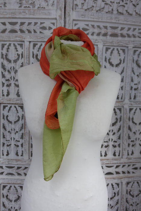 Green And Coral Silk Scarf - New