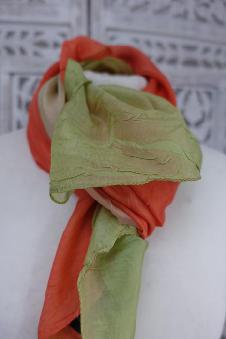 Green And Coral Silk Scarf - New