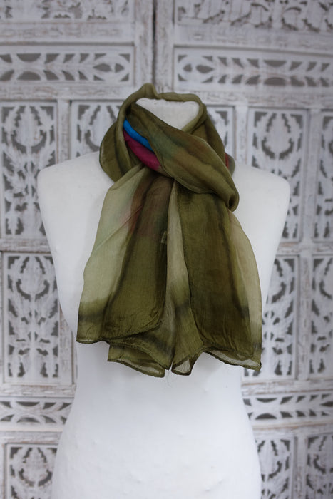 Olive And Khaki Green Silk Scarf - New
