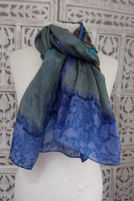 Grey And Blue Silk Scarf - New