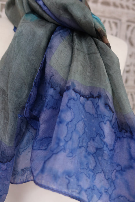Grey And Blue Silk Scarf - New