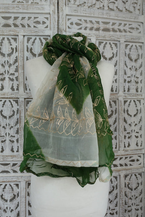 Green And Cream Vintage Chiffon Dupatta - New