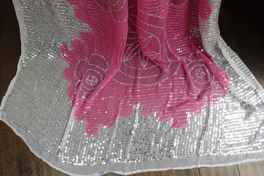 Pink And White Vintage Sequinned Dupatta - Preloved